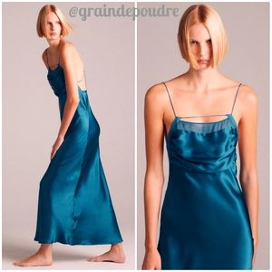 Rare! Zara Teal Peacock Silk Sheer Inset Long Strappy Slip Dress Lingerie M